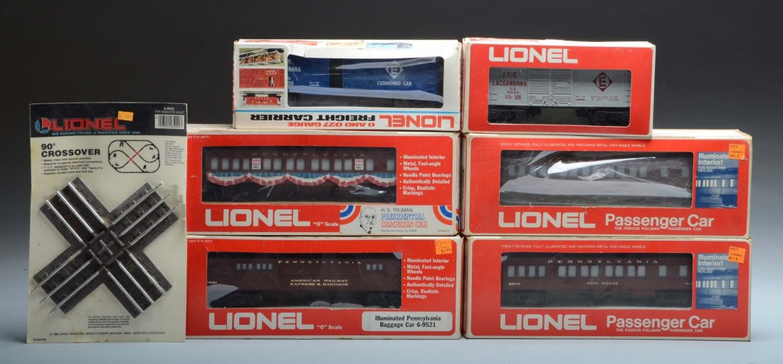 Lionel Assortment of MPC Rolling Stock Mostly PRR: Includes Lionel No.9126 Erie Lackawanna box car, No.9043 Erie Lackawanna box car, No.9513 Penn Square car, No.9515 Washington square passenger car, No.9521 PRR baggage car, No.9528 Truman presidential