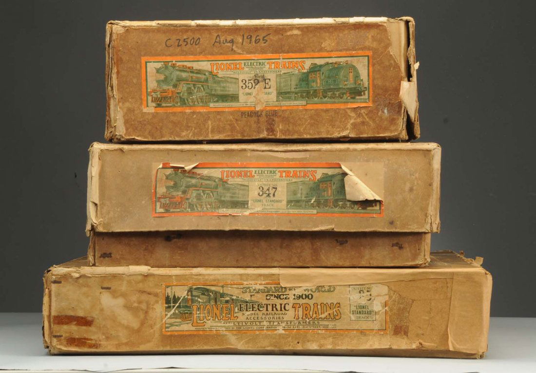 Lot of 3: Lionel Pre-war Train Set Boxes.: No.347 set box's one corner of the lid is torn out. There is some loss to the label, general wear, and some loss to the side label with the set number. Earlier set box has the set pictured on the lid.
