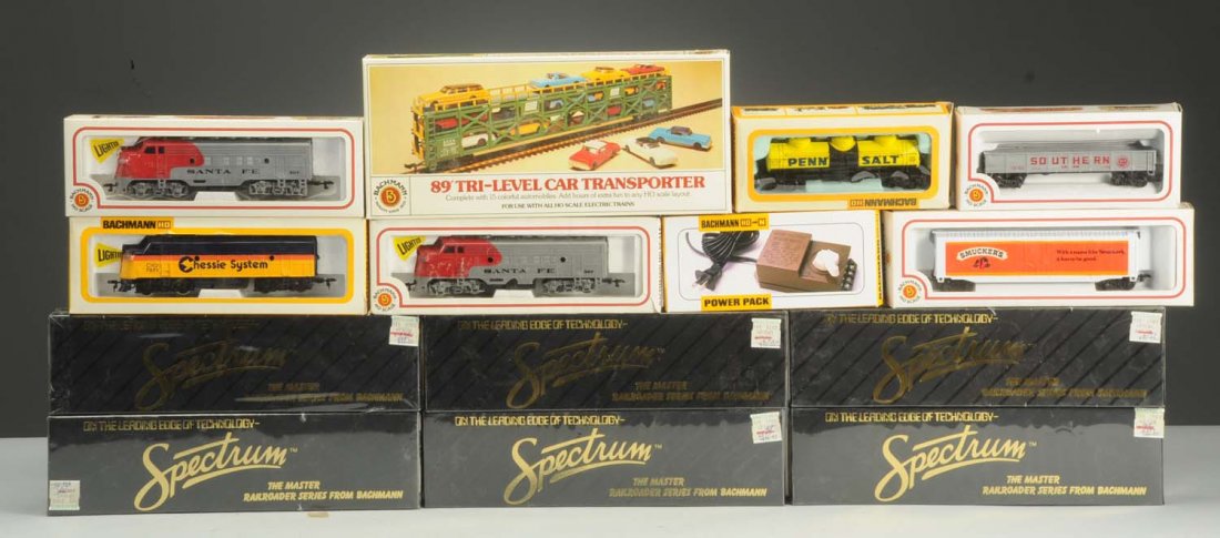 Large Lot of Assorted HO & N Scale Rolling Stock.: The following items are HO Scale: Bachmann chessie system boxcar, Bachmann pensalt tank car, Bachmann Arco blinking oil tank kit, Bachmann Santa Fe F9 diesel, Bachmann chessie system F7 diesel, Bachma