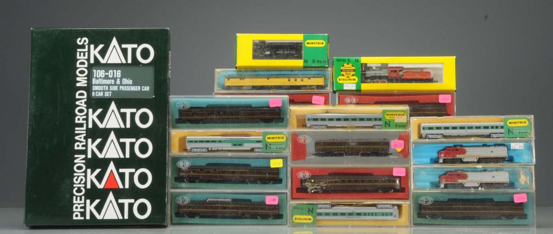 Large Grouping of N Scale Including Kato Set.: Lot includes a Kato B & O six piece passenger set: coach, diner, baggage, sleeper, RPO and observation. All are complete and in a like new condition in original boxes. Atlas/Rivarossi five piece C & W