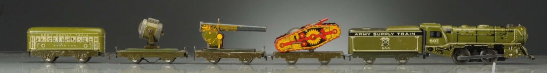Marx 897 Army Locomotive with Set Box & Cars.: No.897 electric operated steam locomotive is complete, all original, very clean, and attractive. However there is a little paint loss on the cab and steam dome probably box rubs. No.500 tender is comp
