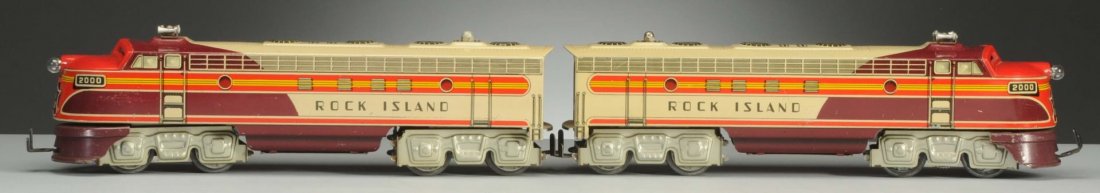 Unique Lines Rock Island 2000 AA Diesels.: Set consists of one power and one dummy units. Power unit has some paint chipping on the pilot, but it is complete, all original, very clean, and attractive. Dummy unit has a little paint chipping on 
