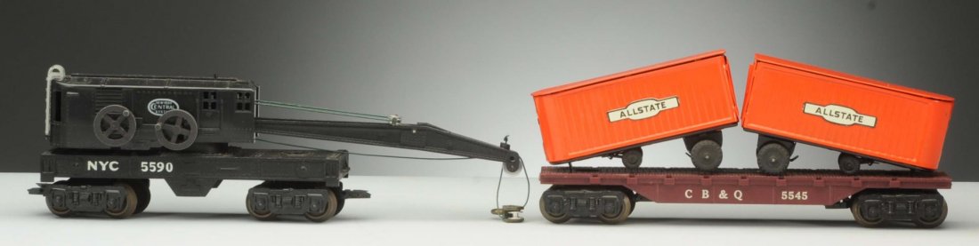 Marx 05545 Piggy Back Car & 05540 Crane Car.: Both cars are in original boxes. No.05545 Piggy Back car with Allstate trailers comes with a little blue truck ramp and flat. Set is complete and in a like new condition in original box. It has a good
