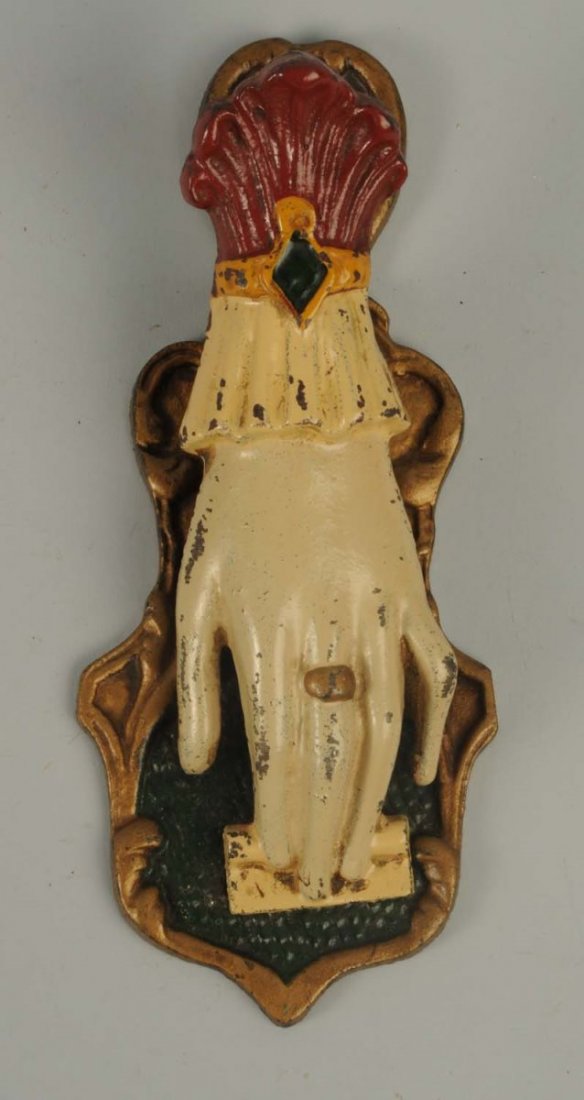 Cast Iron Ladies Hand Paper Clip Bill Clip.: Depicts hand with cuff wearing a bracelet and ring on finger. Condition (Excellent). Size 6 - 3/4" L.