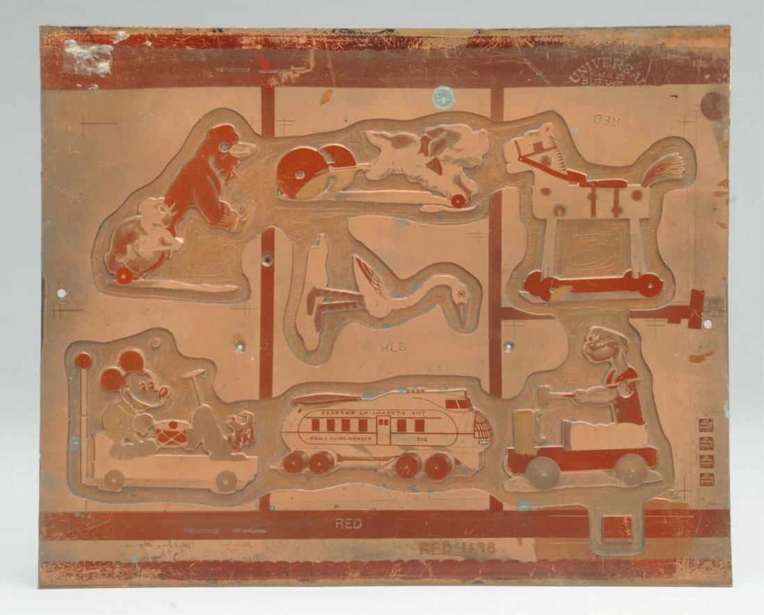 Scarce & Unusual Fisher Price Printing Block.: Made of metal. Has embossed figures of Boom Boom Popeye, Train, Mickey and Pluto toy, and others. Embossed "Universal" on top. Made in Britain. Some scratching and wear. Very unusual piece. Condition 