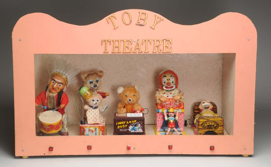 Toby Theater Battery-Operated Store Display.: Contains five original Japanese battery-operated toys circa 1950s. Including Happy Clown Theater with Pinocchio, Busy Bear the Boss, Beauty Parlor Bear, Injun Joe, and Rip van Winkle. All toys work in