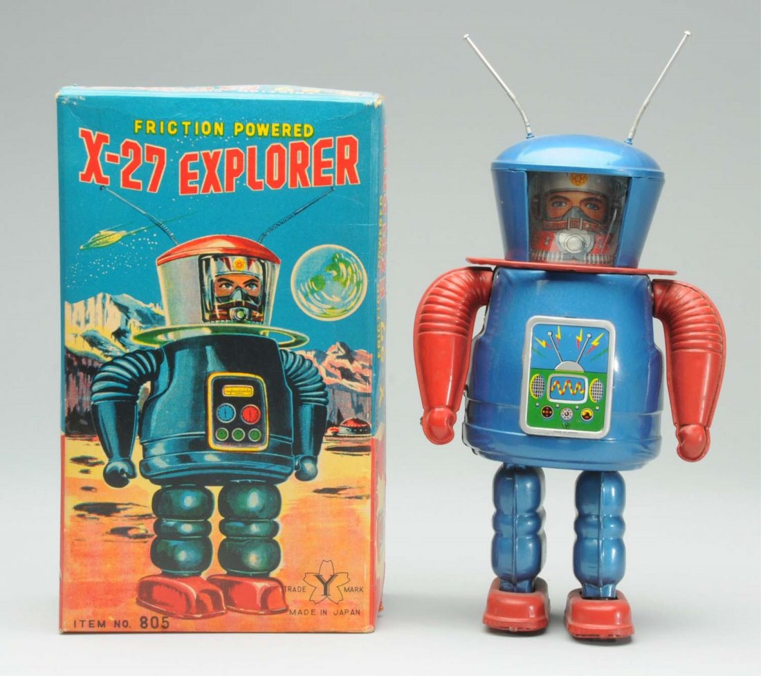 Tin Litho X-27 Explorer Robot.: Includes scarce original box. Made by Yonezawa. Inserts inside box. Operated by side crank. Original antenna. Some light scratching and wear. slight creasing to box. Condition (Excellent). Size 9" L.