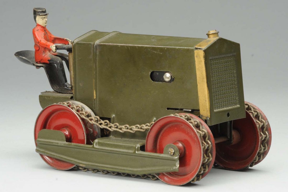 Pressed Steel Kingsbury Wind-Up Tractor.: Includes replacement cast iron driver. Condition (Very Good), Size *" L.