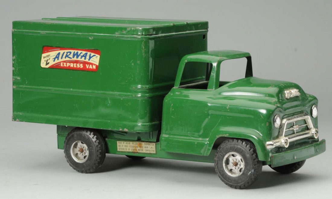 Pressed Steel Buddy L Airway Express Van.: GMC front end. Broken plastic front grill. Scratching and wear throughout. Condition (Good - Very Good). Size 14 - 1/4" L.