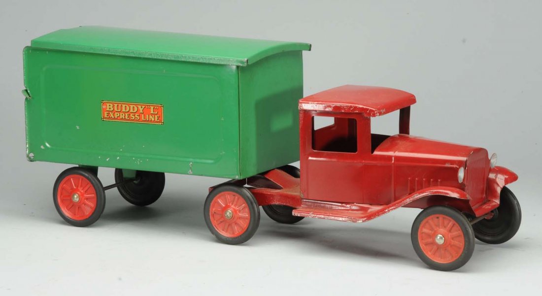 Buddy L Express Red & Green Truck & Trailer.: All original. Has removable roof on trailer. Slight scratching and paint loss throughout. Condition (Excellent). Size 24" L.
