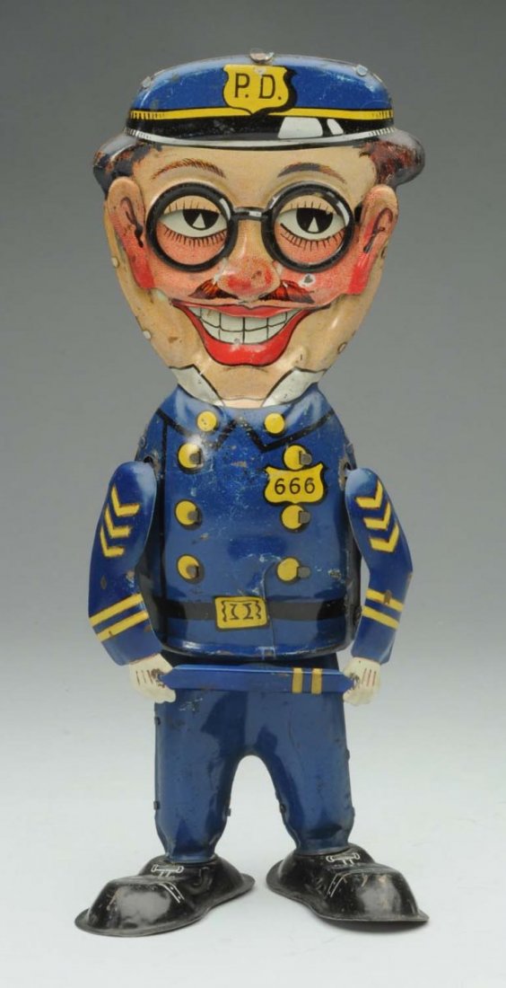 Marx Tin Wind-Up Comical Cop Walker.: Toy has replacement arms. Scratching and litho loss throughout. Condition (Good - Very Good). Size 11" T.