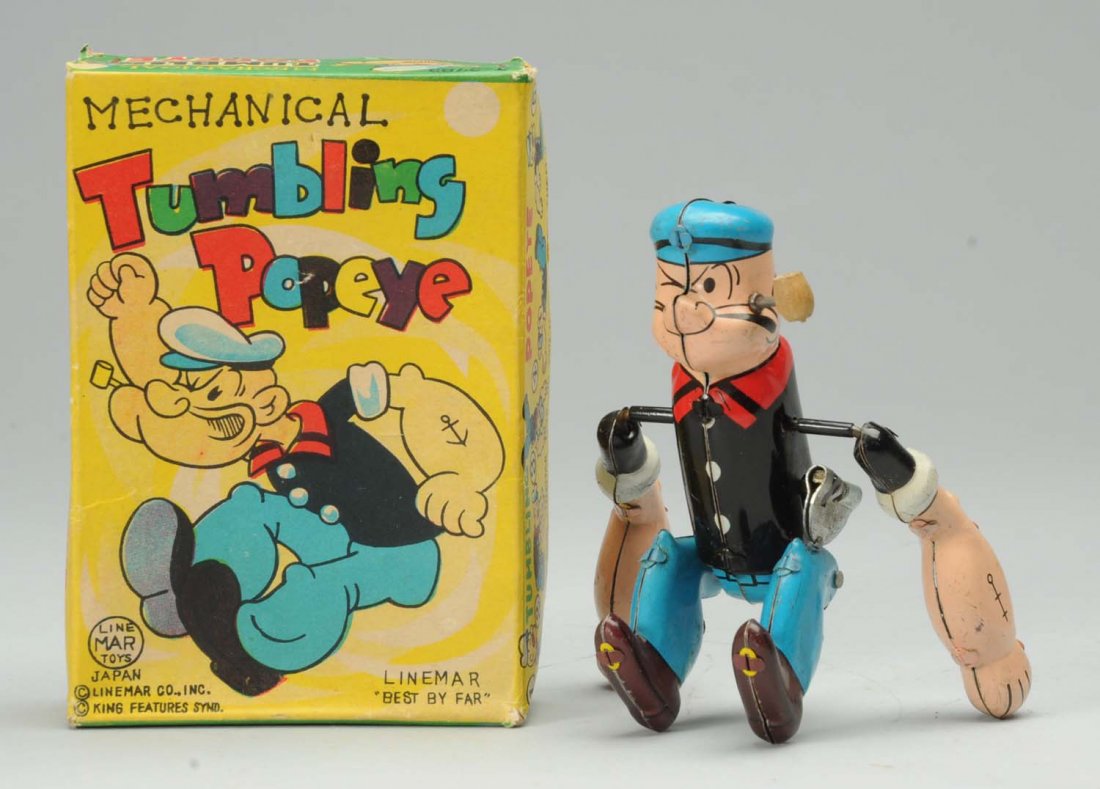 Linemar Tin Wind-Up Mechanical Tumbling Popeye.: All original including wooden pipe. Good color and litho. Includes original box. Condition (Near Mint). Size 5" L.