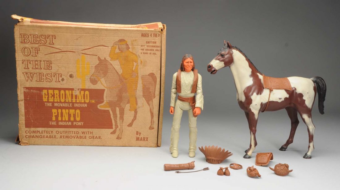 Marx Boxed Geronimo & Pinto Toy.: Mostly complete. Significant play-wear and paint loss throughout. Original box has missing flaps and creasing. Size 16 - 1/2" L.