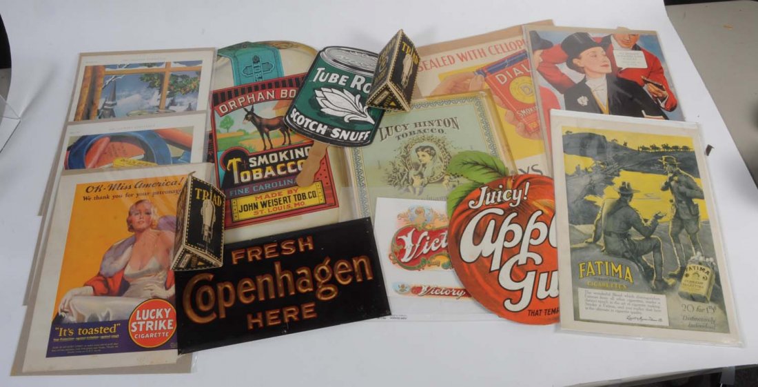 Large Grouping of Various Advertising Pieces.: Mostly tobacco related with a significant amount of paper including tobacco label magazine covers, magazine pages, cardboard boxes, some match holders, and some cigar cutters, etc. Condition (Good - E