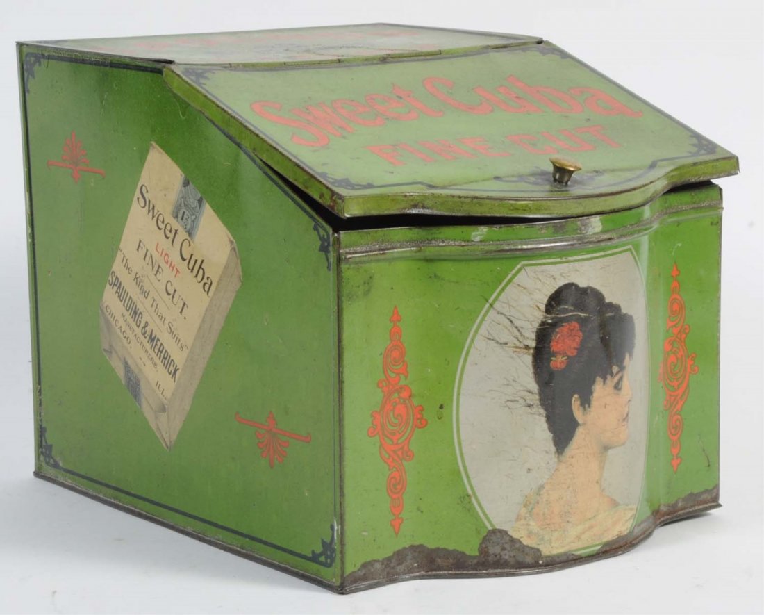 Sweet Cuba Tobacco Counter Tin.: Respectable condition with minimal to modest amounts of wear. Condition (Excellent). Size 8" T.