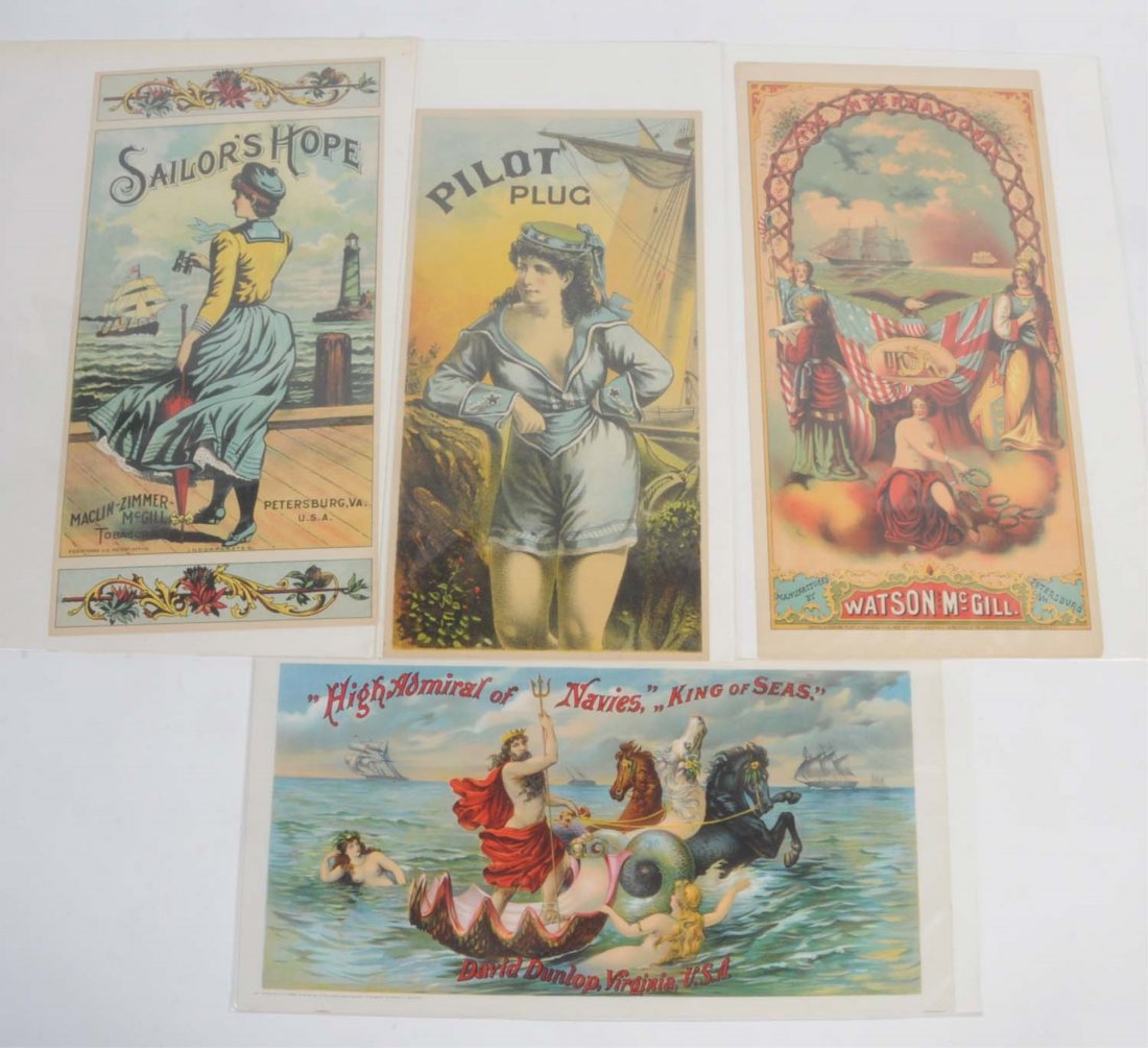 Lot of 4: Tobacco Labels.: With a nautical type theme. Includes Pilot Plug, High Admiral, The International, and Sailors Hope. All in like new condition. Condition (Mint). Size Largest: 14 - 1/4" L.