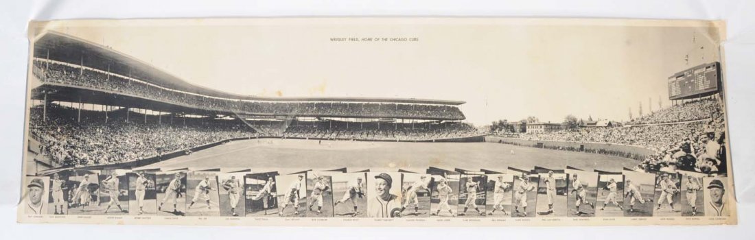 1940s Wrigley Field Panoramic Photo.: This 1940s era Wrigley Field photo pictures Dizzy Dean, Gabby Hartnett, Bill Lee, and others. There are a few minor stains here and there. Condition (Very Good). Size 8" L.