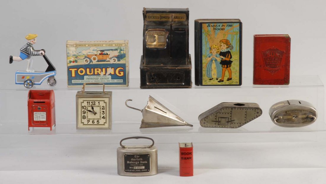 Large Lot of Tin Banks & Touring Card Game.: All banks are painted in beautiful and bright blue, red, silver, and green colors. The banks are preserved excellently. Condition (Very Good - Excellent). Size Largest: 6" T.