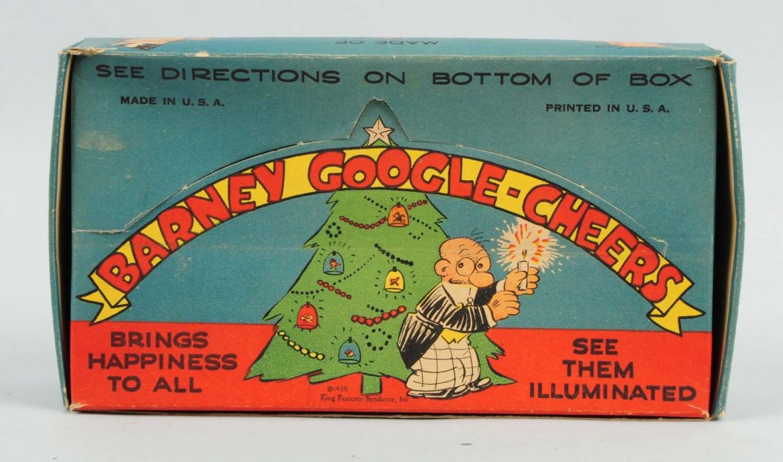 Barney Google Cheers.: With box. Includes eight Cheers made by General Electric in their original box. The box has a couple of minor tears and includes the inserts. It has colorful lithographs of a Christmas tree with light