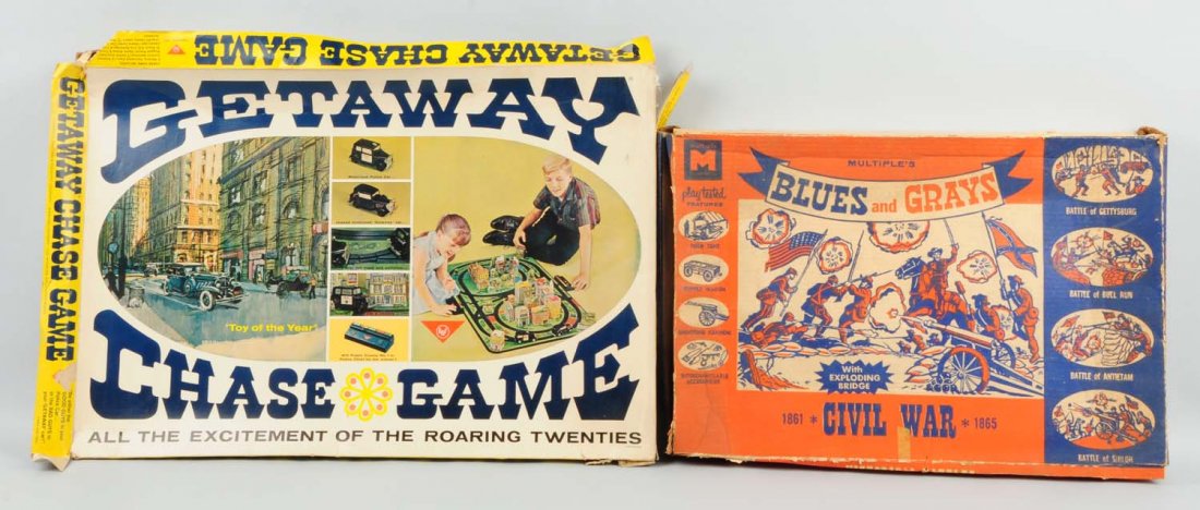 Lot of 2: Boxed Toy Sets.: The lot includes the Blue and Gray Civil Wars play set made by Multiple Products Corp. and the Getaway Chase game made by American Machine and Foundry Company. Both sets include their original boxes, 