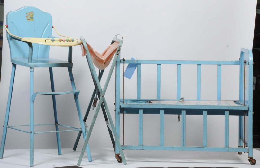 Lot of 3: Metal Amsco Doll Furniture.: Includes a high chair, a crib, and a bassinet. All original and show some wear. Some paint loss and rust. These have been played with. Retains original decals. Condition (Fair). Size Largest: 26" T.