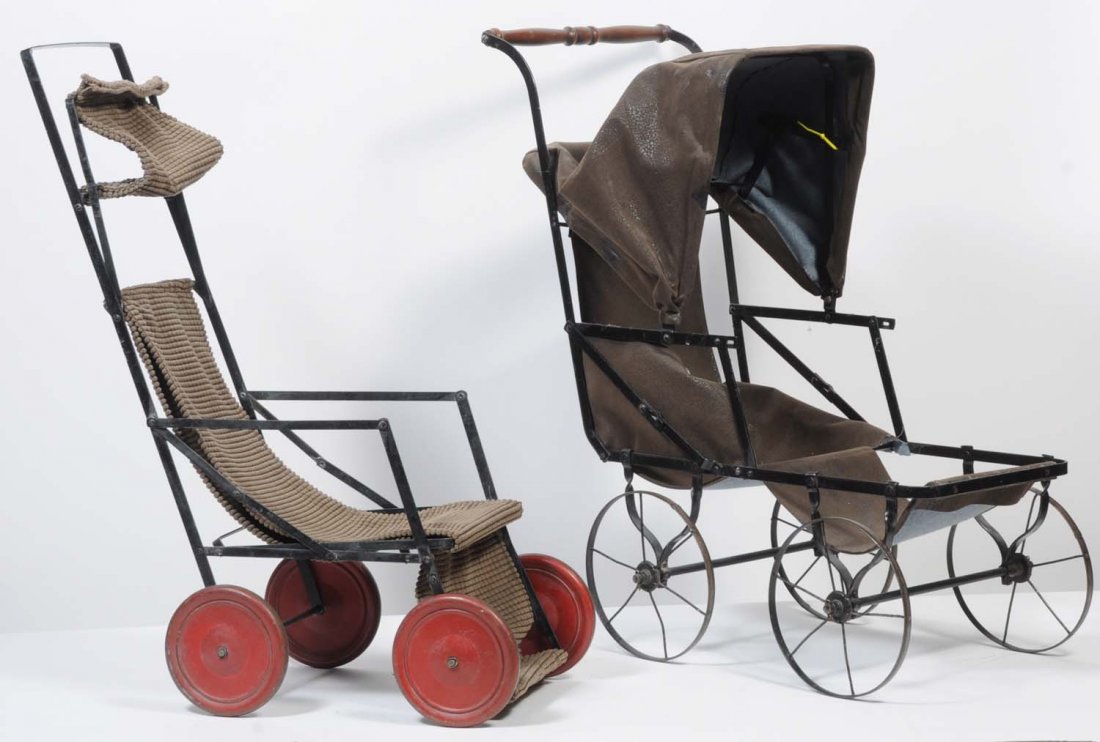Lot of 2: Vintage Metal Doll Strollers.: The frames are original, but the canvas and cloth have been replaced. Condition (Fair). Size Largest: 26" T.