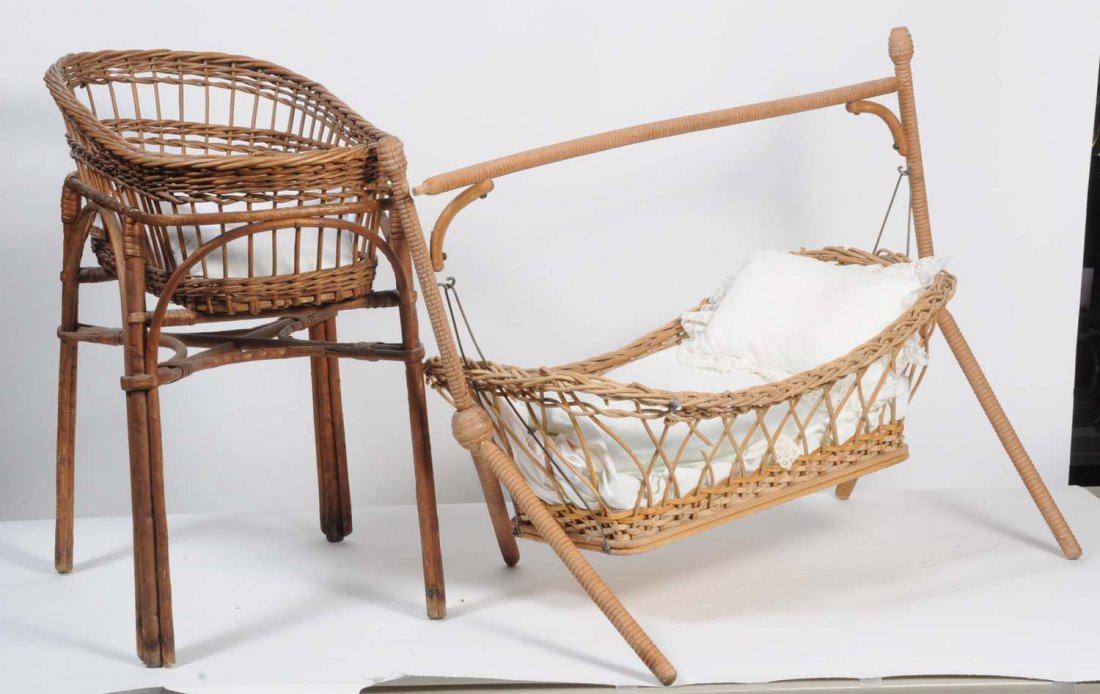 Lot of 2: Antique Wicker Doll Furniture.: Includes a large doll cradle that needs regluing and a doll bassinet with bedding. Condition (Fair). Size Largest: 22" T.