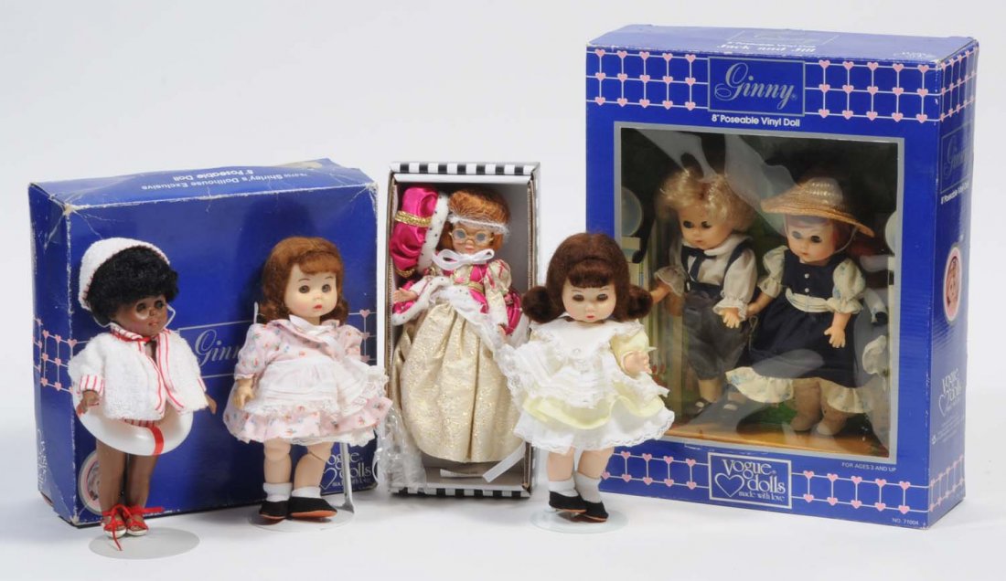 Lot of 6: Vinyl Dolls.: Three are mint in box Vogue Ginny dolls. Also includes a mint in box Tonner Betsy McCall, and two Rothschild Betsy McCall all original tagged dolls. Condition (Very Good). Size 8" T.