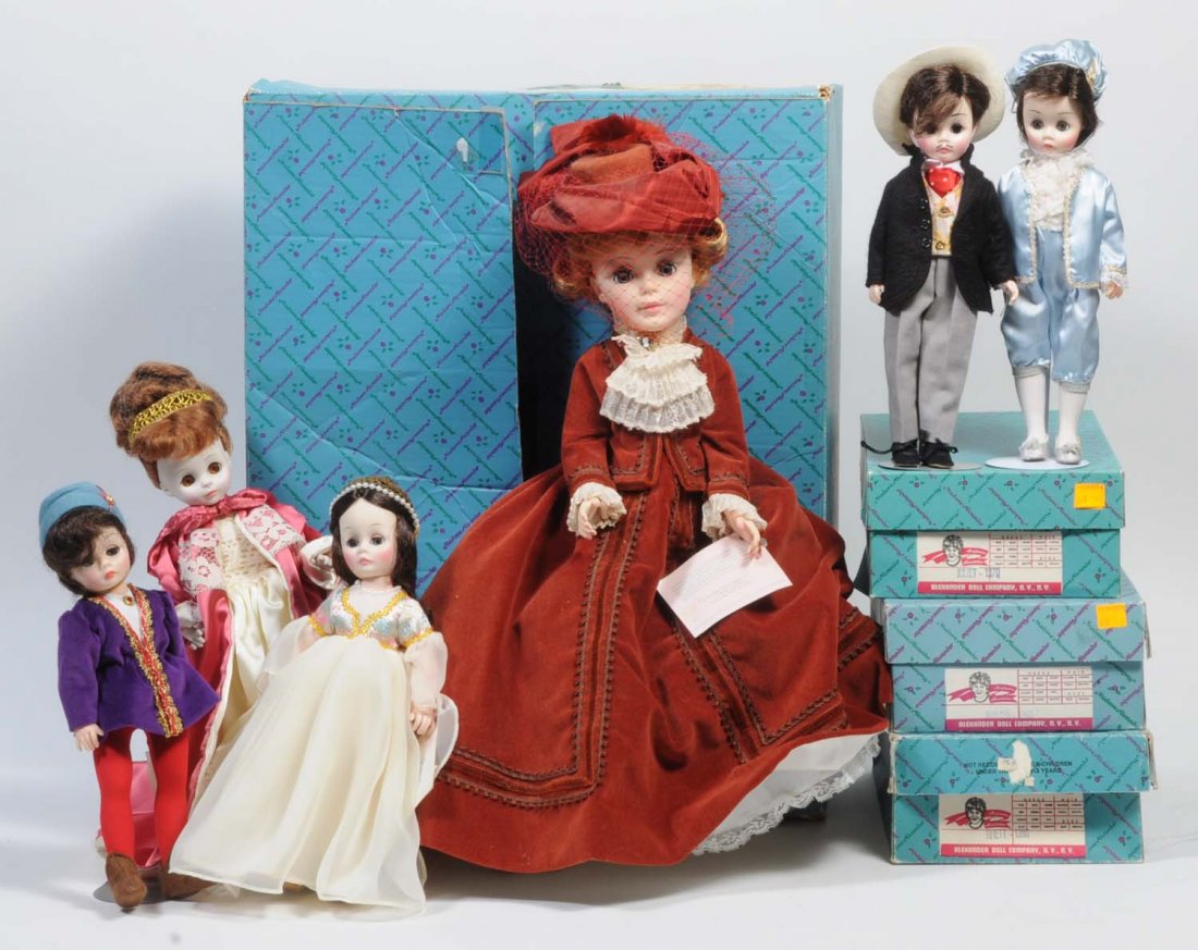 Lot of 6: Vinyl Dolls.: Five are Madame Alexanders. Includes a Sarah Bernhardt, a Rhett, a Romeo and Juliet, a Blue Boy, and a Horsman Beauty. Condition (Very Good). Size Largest: 21" T.