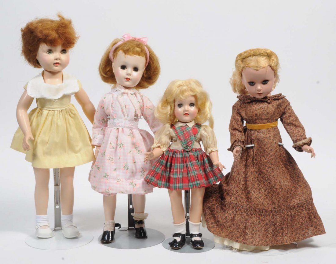 Lot of 4: All Vintage H.P. Dolls.: Includes an Effanbee, an AM. Char Sweet Sue, an Ideal Toni, and a Madame Alexander doll. Toni is the only doll with the original dress. Needs a little TLC. Condition (Fair). Size Largest: 18" T.
