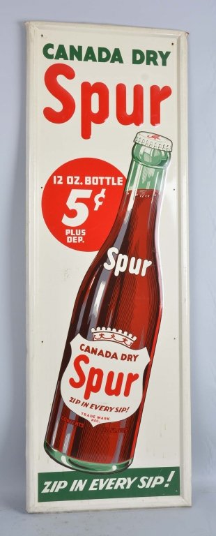 Canada Dry Spur Tin Sign.: This single sided tin self-framed vertical sign has light wear and scratches. It has good color and shine, is marked "S-3-4" at the bottom and is in very good condition. Condition (8.9). Size 54" x 19