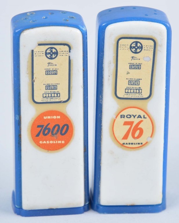 Union 76 & 7600 Gas Pump S&P Shakers.: Plastic. These one piece water transfer decals have some damage. One is ink stamped on the back. Size 2 - 3/4" T.