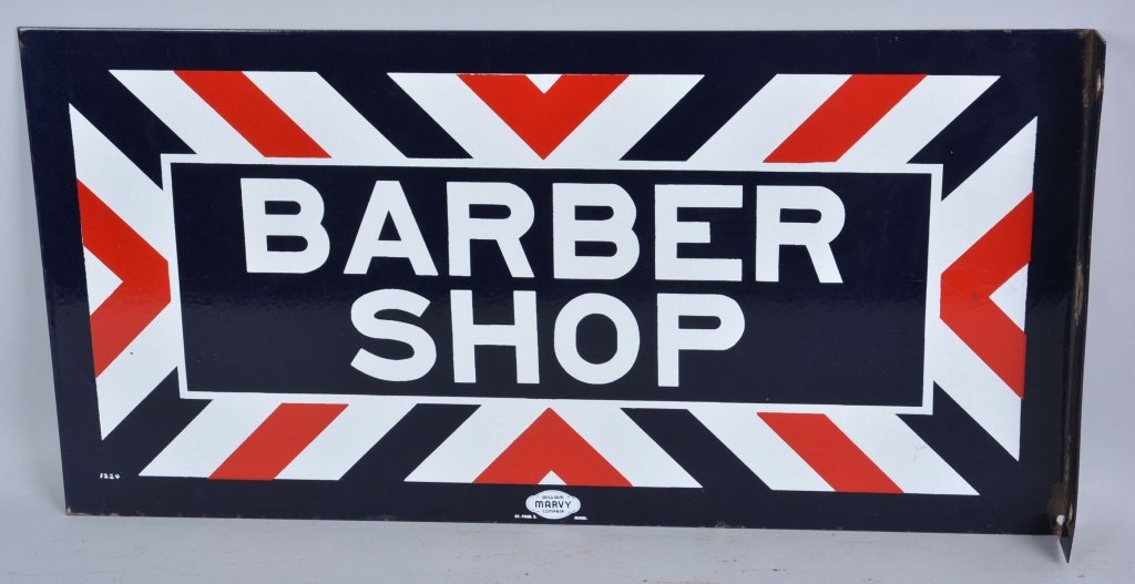Barber Shop Sign.: This porcelain flange sign is marked "Marvy" and is in excellent condition. Condition (9). Size 12" x 24".