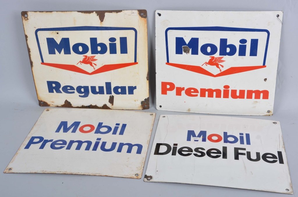 Lot of 4: Mobil Signs.: These are single sided porcelain and are newer signs. Condition (6 - 7). Size 12" x 14".