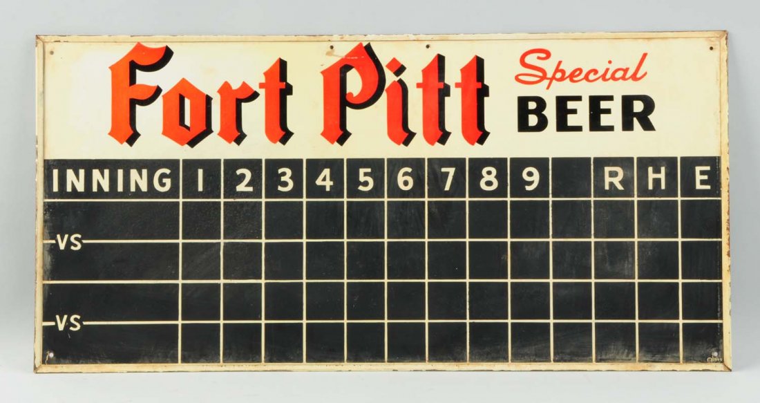 Fort Pitt Beer Scoreboard Sign.: This football scoreboard sign has minor overall wear with a few nicks here and there. Condition (Very Good). Size 11 - 1/2" x 23 - 1/2".