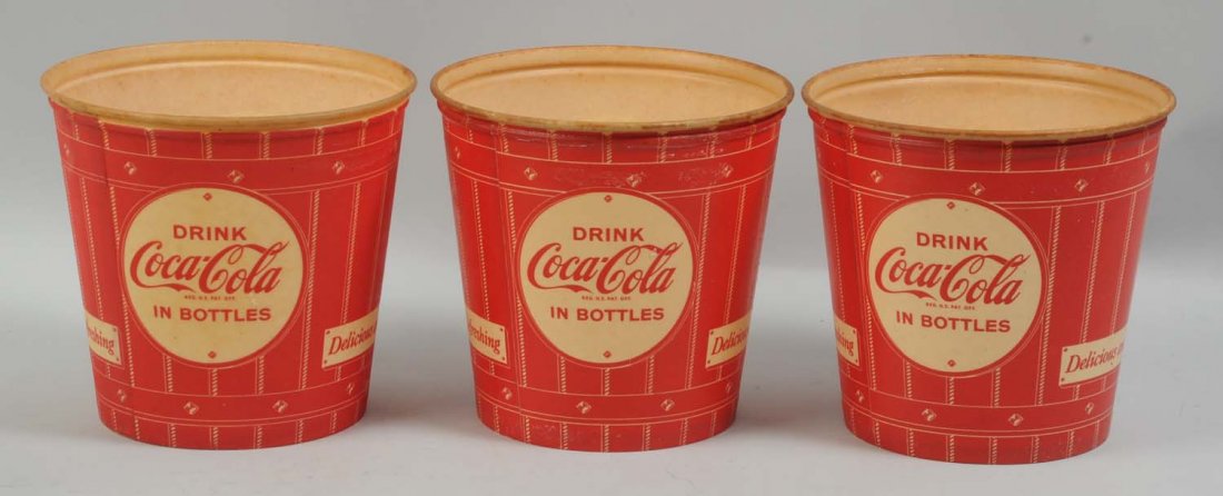 Lot of 3: 1950s Coca-Cola Popcorn Buckets.: Heavily waxed with nearly no wear and just light soiling. Condition (Near Mint). Size Each: 8 - 1/2" T.