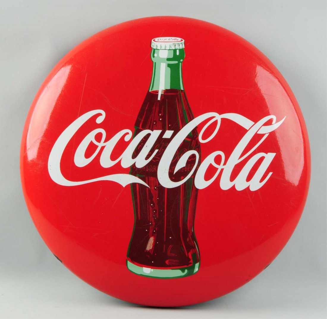 Coca-Cola Button Sign.: This medium sized Coca-Cola button sign has minor overall wear and moderate loss with some rust along the edges. Condition (Good). Size 25" Dia.