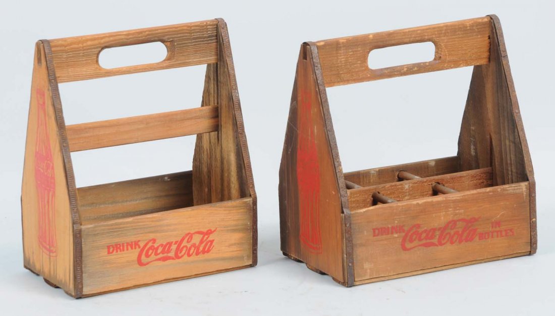 Lot of 2: Wooen Coca-Cola Carriers.: These two wooden Coca-Cola carriers have minor overall wear. Condition (Very Good). Size Largest : 9" L.