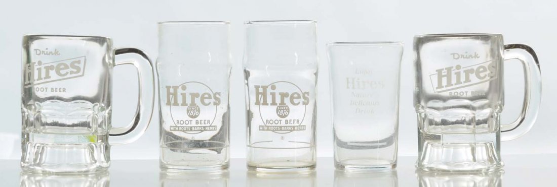 Lot of 5: Hires Root Beer Glasses & Mugs.: Includes three glasses and two mugs. Very clean lot. Condition (Excellent). Size Largest : 5" L.