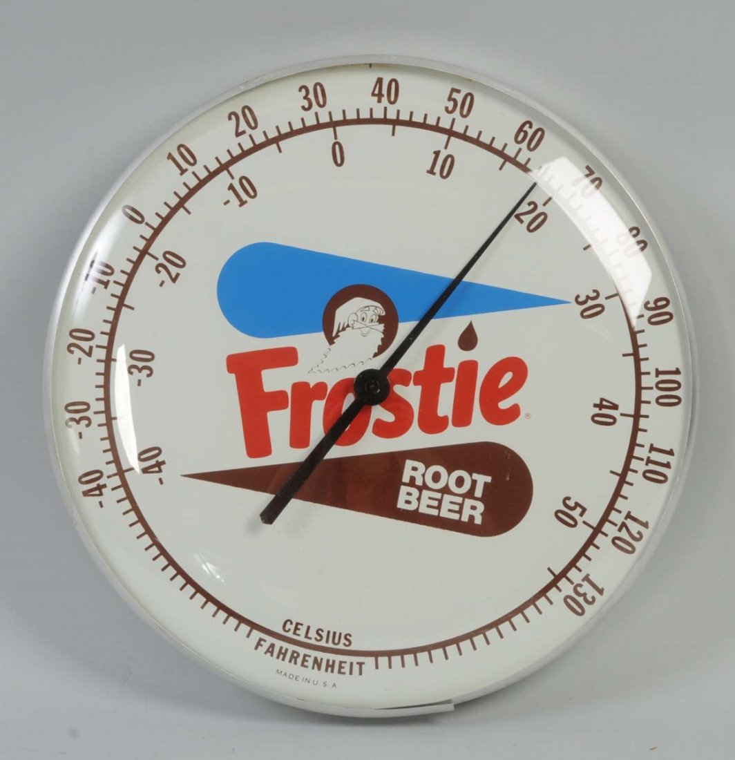 1950s Frostie Root Beer Thermometer.: This 1950s era Frostie thermometer is clean and bright. Condition (Excellent). Size 12" Dia.