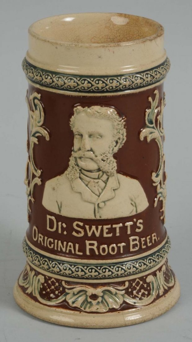 1890s-1900 Dr. Swett's Root Beer Mug.: Beautifully made and embossed with light crazing, stains, and a few closed cracks at the top. Condition (Excellent). Size 6" T.
