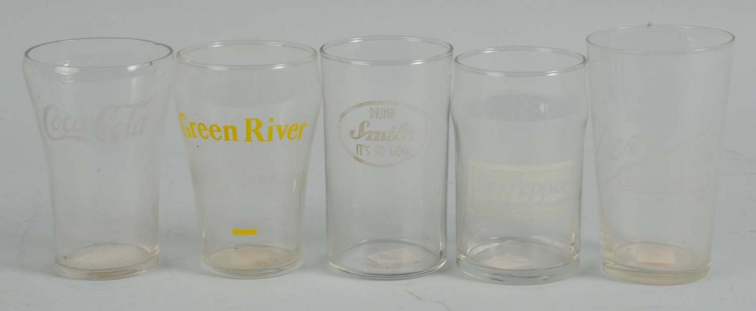 Lot of 5: Assorted 1920s-1940s Soda Glasses.: Small rim chip on the Coca-Cola glass, and some mild rubbing on the vernors glass. Condition (Excellent - Near Mint). Size 4" T.