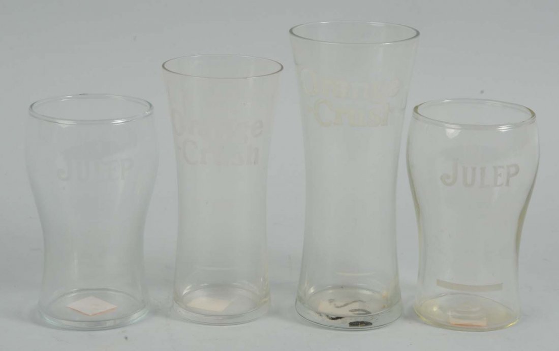 Lot of 4: Assorted Julep & Orange Crush Glasses.: 1915-1920 and later. Only a small nick on the smaller crush glass. Condition (Near Mint). Size Largest: 5 - 1/2" T.