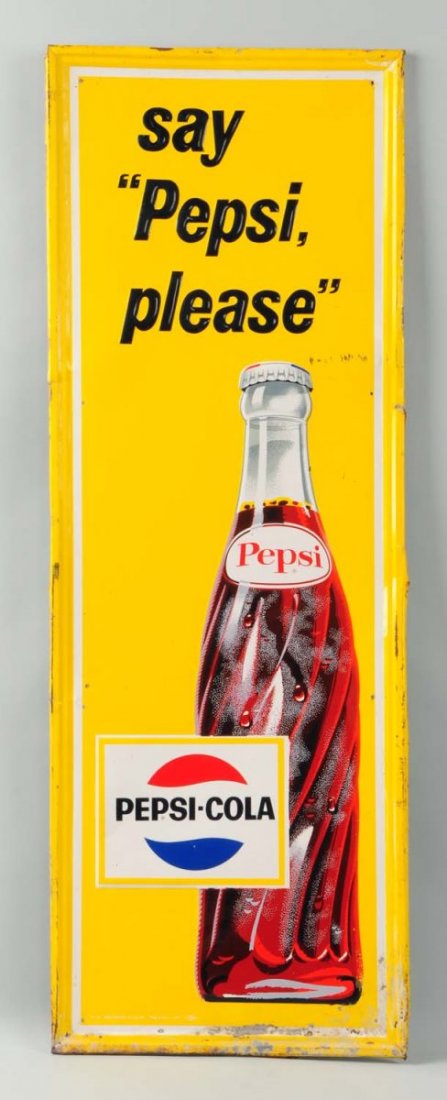 Pepsi-Cola Tin Sign.: This sign has several bends, scratches, and area of loss near the bottom. Condition (Good). Size 27" L.