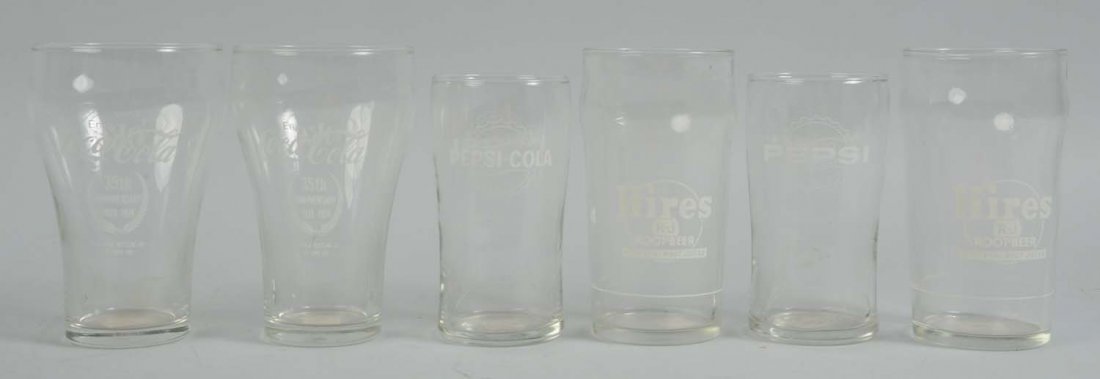 Lot of 6: Assorted Soda Glasses.: Includes Hires, Pepsi, and Coke glasses. 1950s-1974. All are very clean. Condition (Near Mint). Size Largest: 5" T.
