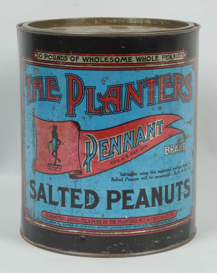 Planters Peanut 10 Lb Can & Marked Lid.: Moderate overall wear with a few dents. Condition (Very Good). Size 10" L.