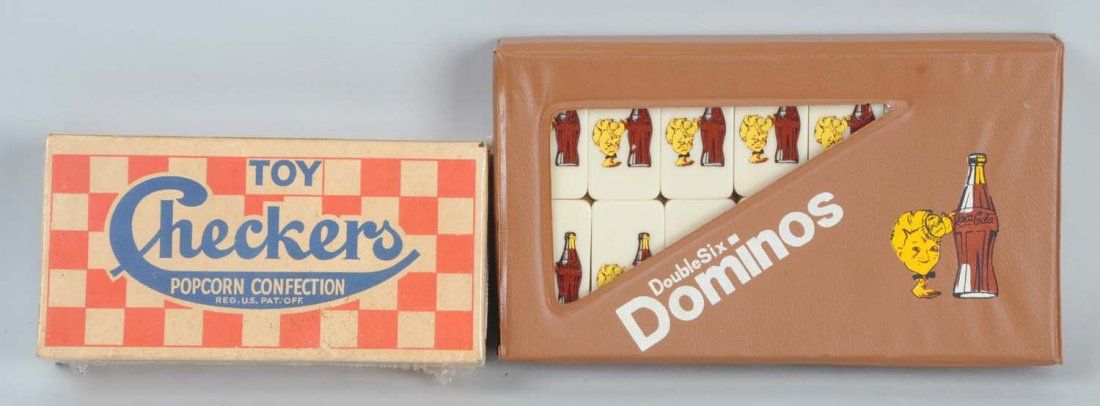Lot of 2: Advertising Items.: Includes a more modern set of Coca-Cola dominoes and an empty box of Toy Checkers popcorn confection. Condition (Excellent). Size Largest : 8" l.