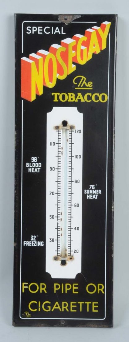 Nose Gay Thermometer Sign.: Porcelain. Likely British in origin. Missing the tube with some edge chips and nicks. Condition (Very Good). Size 22 - 1/2" L.