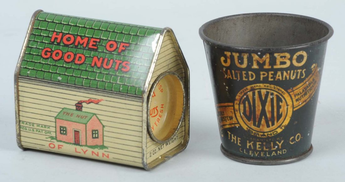 Lot of 2: Peanut Tins.: Includes a Lynn cabin tin and Dixie Jumbo pail. The Jumbo tin has moderate wear and staining. Condition (Good). Size Largest : 2 -1/2" T.