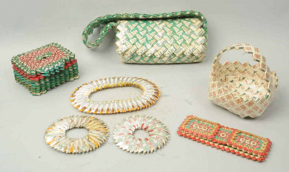 Lot of Cigarette Wrapper Craft Items.: Includes items made from cigarette wrappers. It includes a purse, a basket, a covered box, and several other small items. Condition (Very Good). Size Box 19 -1/2" L.